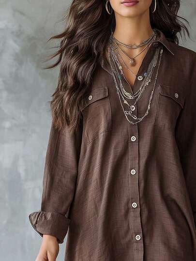 大码女式棕色长袖涤纶衬衫裙，纽扣开襟，前短后长设计，带口袋，春季款
