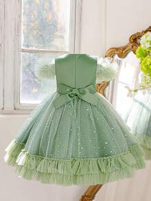 Váy nơ trễ vai lưới xếp nếp thanh lịch dành cho bé gái, thích hợp cho các buổi khiêu vũ ở trường, tiệc sinh nhật - màu xanh lá - Xem 4