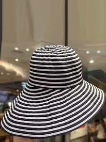 Mũ xô sọc gấp gọn mùa hè, mũ chống nắng vành rộng mới về dành cho nữ, mũ thời trang vành rộng bằng polyester in họa tiết, chống gió và tia UV, thích hợp cho mùa xuân/hè. - mũ - Xem 4