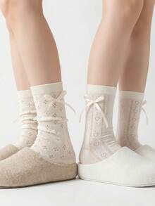 2 Pairs Cream Mesh Socks With Butterfly Ribbon Side, Fashionable Matching Hollow Heart Mid-Calf Socks, Aesthetic For Spring/Summer - White - View 3