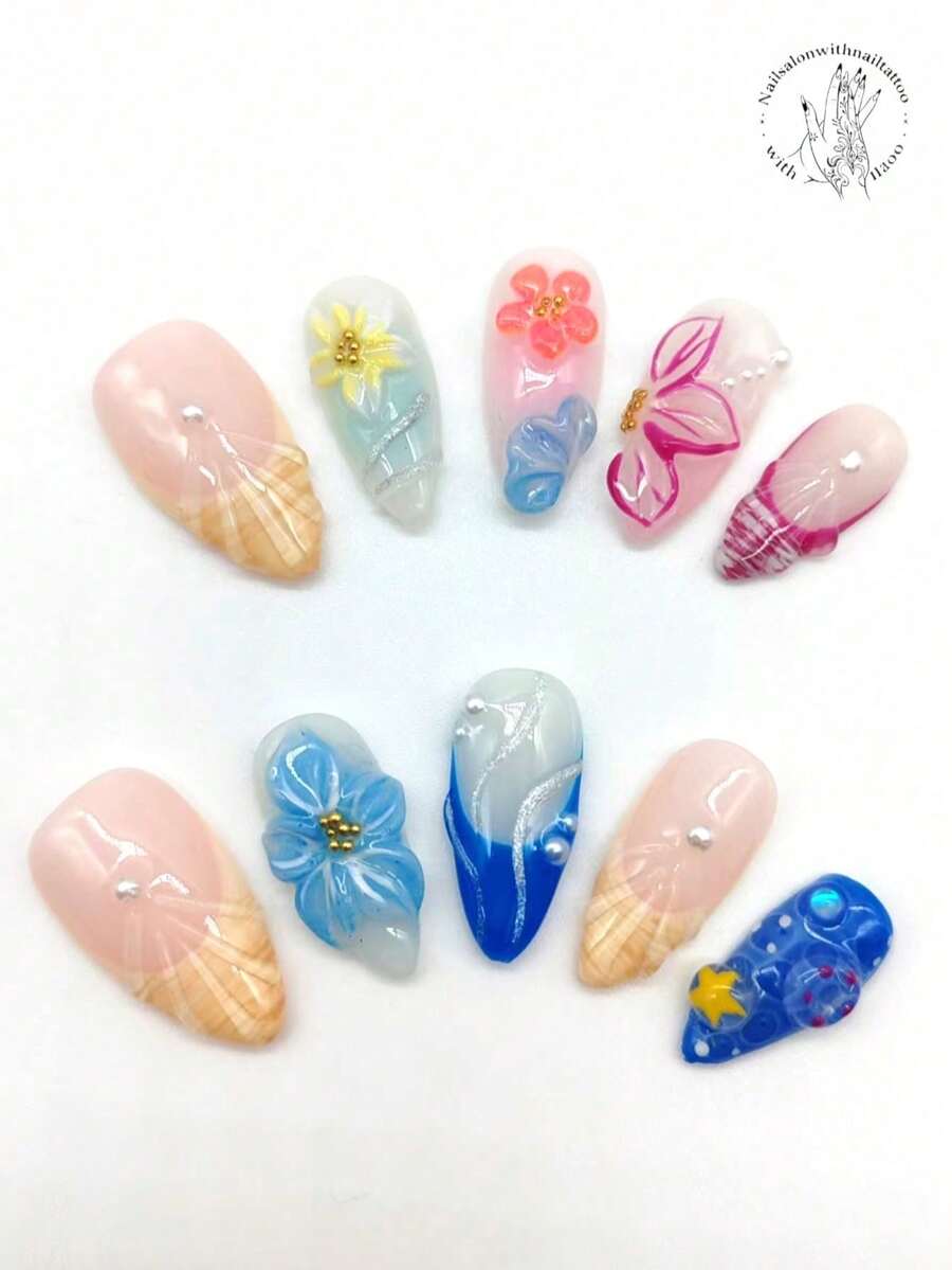 10片手工美甲贴纸,25毫米杏仁形,粉色、蓝色、白色和姜黄色,图案包括凸起的蓝色花朵、扇贝纹和游泳圈。可爱美甲贴片,适合休闲、度假、派对、表演等各种场合。按压式美甲贴。 - 彩色 - 查看 1