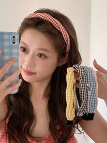 1件复古格子发箍，夏季编织格子发圈，防滑齿状发夹，少女风发饰 - 彩色 - 查看 4
