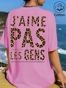 「J'AIME PAS LES GENS」豹紋字母印花，女式寬鬆T卹，夏季上衣，K-Pop戰士系列，純棉上衣，女裝服飾，女式夏裝，針織服飾，派對裝束，大碼女裝，大碼女式圓領寬鬆上衣，閨蜜裝，度假服飾，休閒運動裝，優雅上衣，女士運動裝,頂部女裝，促銷女裝，男女同款，青少年裝、基本款T卹，夏季女裝，柔軟舒適，Y2K風格,夏季、情人節、狂歡節、聚會、海灘、婚禮、外出活動、優雅、度假、休閒、奢華、千禧年、亮片、豹紋、圓點圖案、圖形、花卉、迷彩 - 粉色 - 查看 3