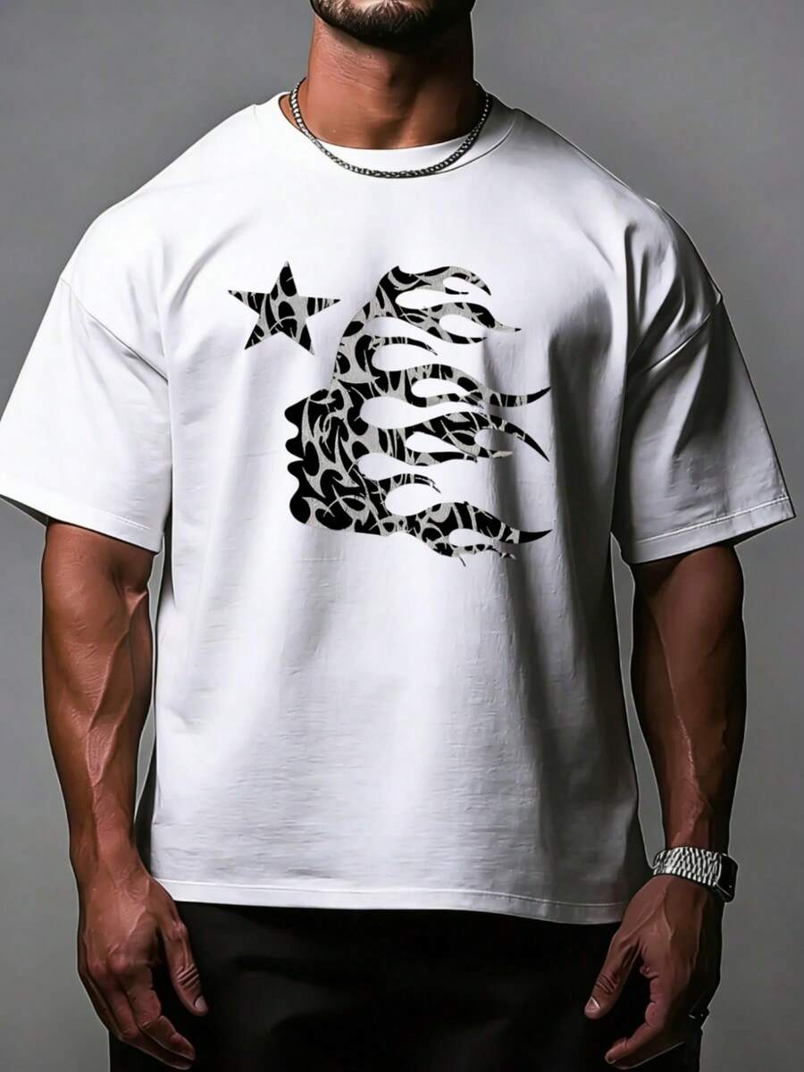 Hellstars  Pattern Flame Head Star Y2K Graphic T-Shirt,220g 100% Cotton,Round Neck Short Sleeve,White Streetwear Essential For Summer Going Out,Unisex Style - White - View 1