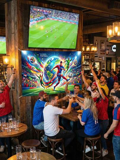 1件套全球足球锦标赛背景幕布 - 足球运动员与国际国旗、世界地图、体育场、奖杯和球门设计，完美适用于客厅、男士专属空间、体育酒吧、办公室隔间、游戏室、宿舍、卧室、教室和足球迷专属空间墙面装饰，是2026年国际足球锦标赛观赛派对、生日礼物、团队庆祝活动和球迷聚会的理想拍照道具。