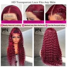 99J Burgundy Wig Brazilian Virgin Human Blended Hair 13x4 HD Deep Curly Lace Front Wigs Blended Human Hair 200% Density 99J Burgundy Lace Front Wig Glueless Water Wave Curly Blended Human Hair Wigs For Women Wine Red Colored Human Blended Hair Wig - SBUG - View 4