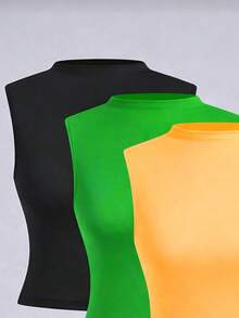 Set Of 3 Women's Tank Tops With Simple High Neck In Spandex - 黑色,綠色和黃色 - 查看 2