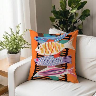 1件装“鱼图案”彩色印花拉链枕套 - 采用柔软拉链封口，耐用涤纶材质，可机洗。非常适合用于沙发、客厅、卧室以及一般家居装饰。