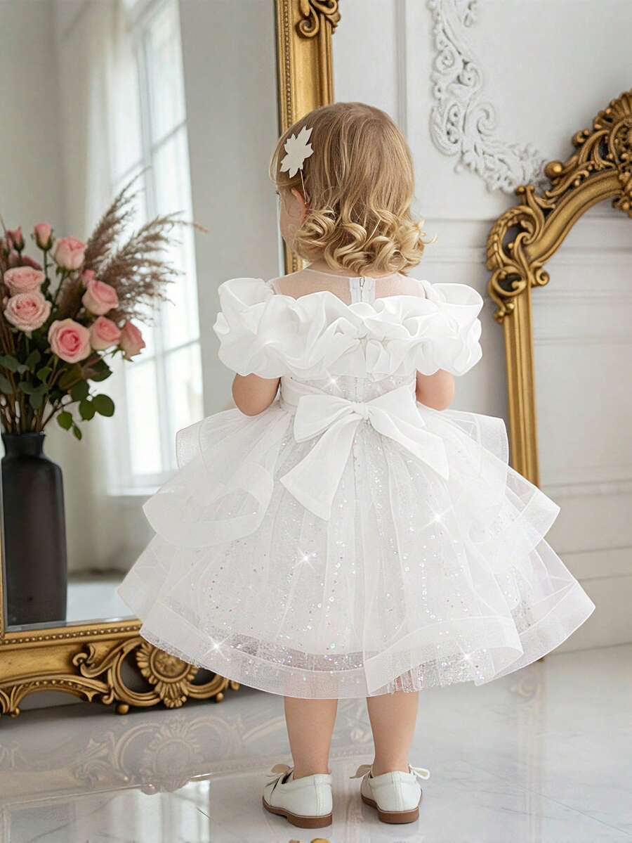 Vestido de Princesa Tutú de Malla con Lentejuelas para Bebé Niña, Elegante y Lindo, Adecuado para Fiesta, Diadema No Incluida - Blanco - Ver 1