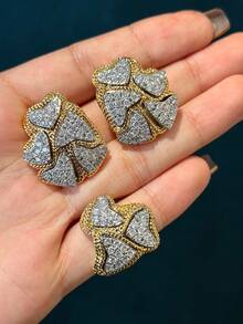 Bộ trang sức gồm bông tai và nhẫn hình trái tim bằng thủy tinh mạ vàng 18K kiểu cổ điển, chất liệu đồng giả cổ, thích hợp làm quà tặng sinh nhật và phụ kiện dự tiệc. - Vàng - Xem 3