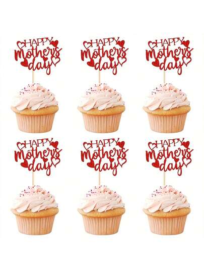 Đồ trang trí bánh cupcake Ngày của Mẹ, que cắm bánh cupcake hình trái tim bằng giấy kim tuyến, que cắm bánh cupcake hình trái tim màu hồng, đồ trang trí bánh sinh nhật chủ đề Ngày của Mẹ màu đỏ dành cho nữ, phụ kiện trang trí bánh cupcake cho bữa tiệc Ngày của Mẹ.