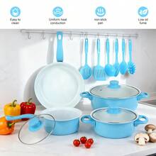 13-Piece Sky Blue Non-Stick Cookware Set With Utensils, Kitchen Pots And Pans Set With Glass Lids, Easy To Clean Uniform Heat Conduction Cookware For Home & Apartment - 查看 4