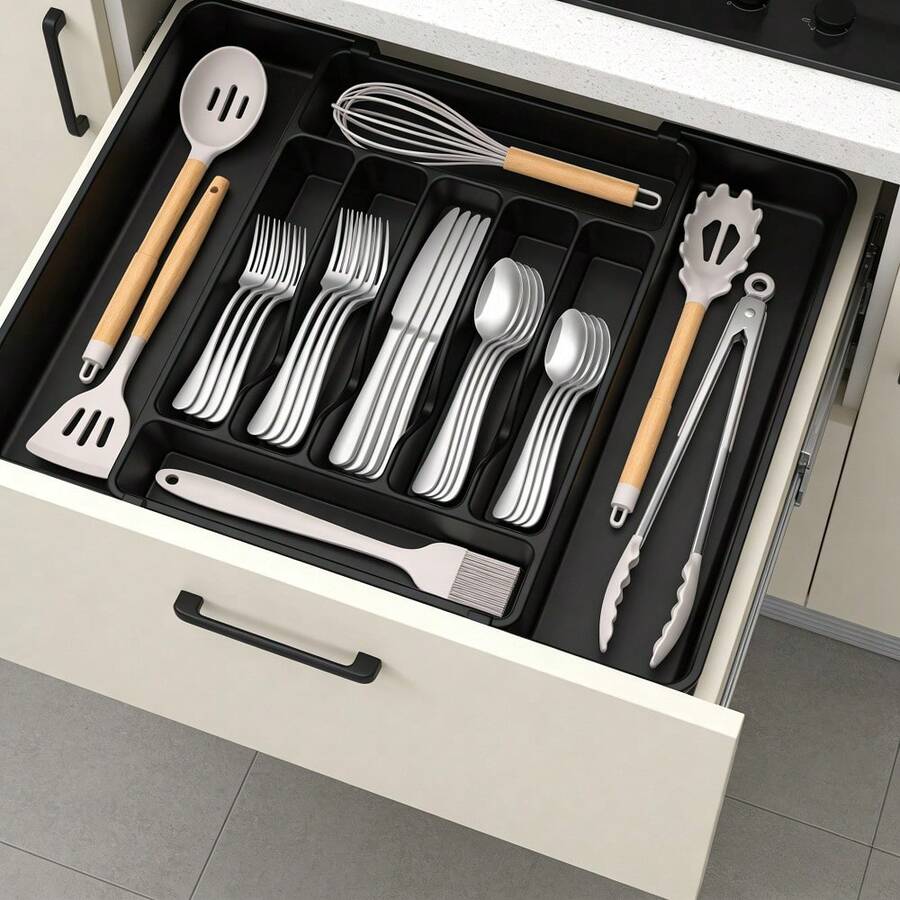 Extra Large Expandable Silverware Organizer, Food Cutlery Flatware Organizer, Kitchen Utensil Drawer Organizer, Adjustable Silverware Holder For Spoons Forks Knives, Black - Màu đen (Cỡ lớn) - Xem 1