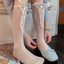 1双薄款春夏芭蕾舞风格交叉系带小腿袜，洛丽塔蝴蝶结过膝袜，缎面蝴蝶结透明渔网过膝袜，蕾丝边渔网长袜，透视过膝袜，夏季必备，可爱棒棒糖蝴蝶结设计秋季过膝长袜，雪纺蝴蝶结过膝袜，女士薄款腿套 - 彩色 - 查看 11