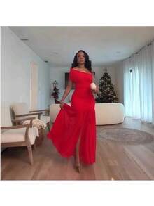 Women's Spring 2026 New Solid Color Sleeveless Slanted Collar Pleated Slim Split Long Dress - 紅色 - 查看 2