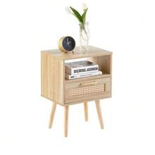 Rattan Side Table With Drawer And Solid Wood Legs, Modern Bedside Table, Side Table For Living Room, Bedroom, Natural Wood Look - H55/W40/D30 Cm - Khaki - View 10