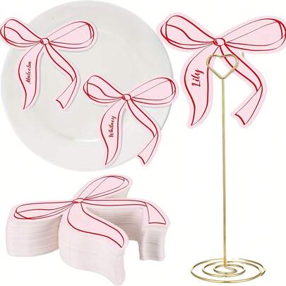 30张粉色蝴蝶结造型桌卡，适用于生日派对、单身派对和婚礼餐桌装饰，空白名片，空白商务卡，装饰桌卡，活动名片，空白风格，简约桌卡，空白内页，单身派对主持人，婚礼策划师