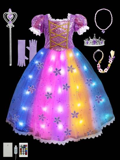 Girls' Princess Dress, Children's Party Dress, Synchronized With Music, Remote Control App, Suitable For Halloween Cosplay, Includes Crown, Magic Wand, Wig, Gloves, Necklace (Batteries Not Included)