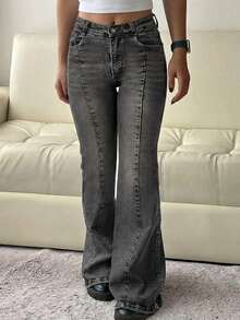 Women's Grunge Style Wide Leg Denim Jeans, Washed Gray With Button And Zipper, Comfortable Slight Stretch Fabric - 灰色 - 查看 5