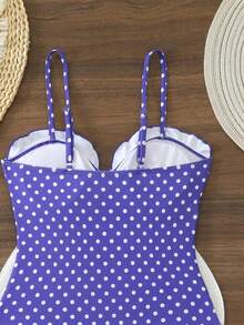 Bodysuit Polkadot Elastis Tinggi untuk Wanita dengan Hiasan Ruffle, Cocok untuk Liburan Pantai Musim Panas - Purple - View 7