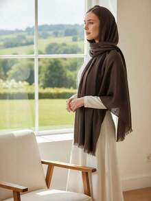 1pc New Simple Fashion Classic Versatile Soft Skin-Friendly Sunscreen Shawl, Suitable For Daily Wear, ATassel Rectangular Women Scarf, Hijab, - 黑色 - 查看 2