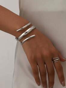 一套简约几何线条设计可调节手镯戒指套装（女士款） - 白金 - 查看 2