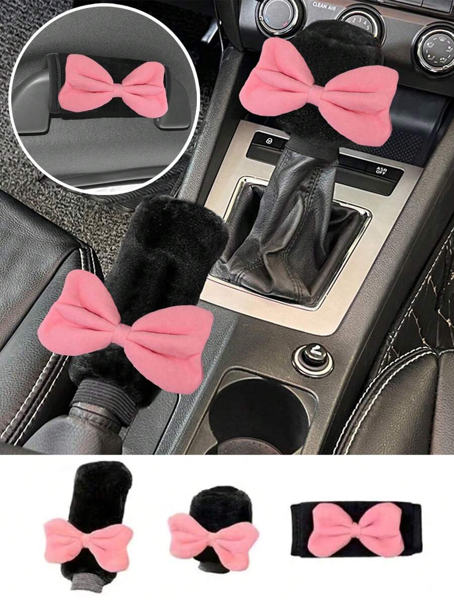 3件套汽车冬季蝴蝶结毛绒变速杆套装，变速杆套装，拉杆套装，换挡杆套装，手刹换挡杆套装，手动变速器通用型汽车配件 - 蝴蝶結 - 查看 1