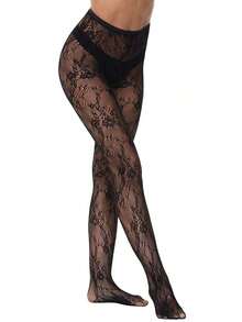 1 Pair European & American Style Women Floral Jacquard Pantyhose, Hollow Out Lace Fishnet Stockings - 黑色 - 查看 7