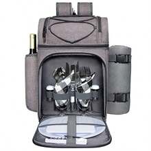 "Hap Tim- Cesta de Picnic para 2 2 Personas Mochila de Picnic con Soporte para Vino Manta de Forro Polar Juego de Cubiertos Perfecto para Playa Viaje de Dí- "Gris "2 Persona - Gris - Ver 8