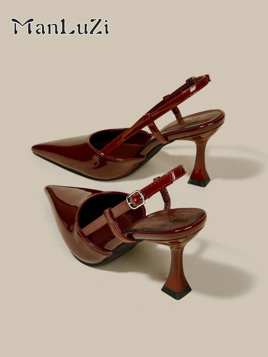女士酒红色漆皮细高跟尖头闭趾高跟鞋，优雅正式时尚搭扣派对礼服鞋，办公室搭扣踝带高跟鞋 - 酒紅色 - 查看 1