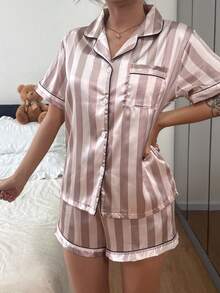 Dreamivo 灰色条纹真丝女士短袖短裤睡衣套装，家居服 - 淺灰色 - 查看 3