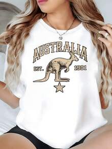 Canguro dorado junto a la palabra Australia y una estrella simboliza energía libertad y conexión con la naturaleza expresando dinamismo moderno camiseta de mujer 220g casual cómoda - Blanco - Ver 8