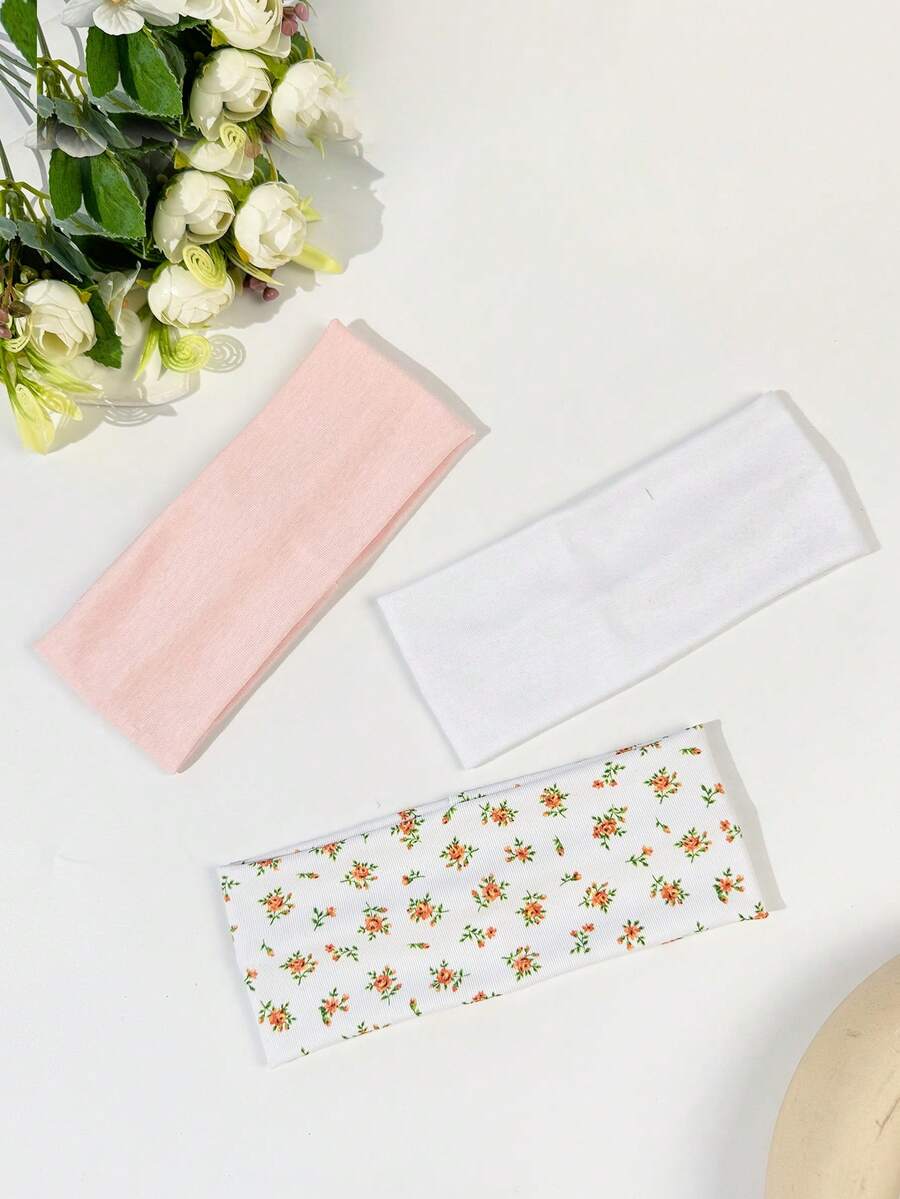 3条/套 女士纯色及玫瑰印花弹力发带，适合日常、瑜伽、户外运动、夏季发饰、沙滩发带、度假运动发带