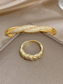 Set/1Pc Anti-Fading Luxury Elegant Pave Twisted Knot Bangle Bracelet Ring Set For Women,For Daily Party Birthday Valentine's Day, Boho/Wedding - Multicolor - View 7