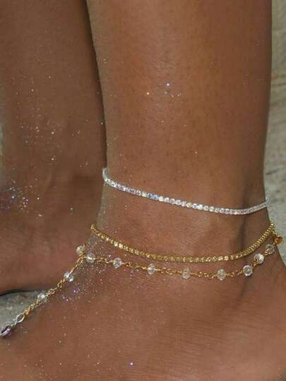 2pcs Sparkling Crystal Chain Multilayer Anklet, Suitable For Women's Daily Wear, Beach, Vacation, Party