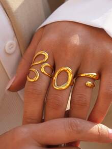 Uself Bộ 1 chiếc nhẫn hình bầu dục bất đối xứng mạ vàng 18K, thiết kế cong mềm mại, thích hợp đeo hàng ngày, hẹn hò, dự tiệc, làm quà tặng, dành cho những người yêu thích phong cách tối giản. - Nhiều màu - Xem 4