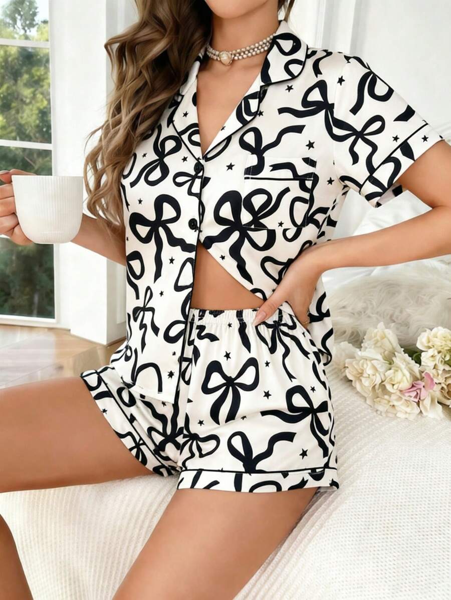 2pcs/Set Women's Short Sleeve Button-Up Collar Top And Shorts Pajama Set, Comfortable Casual Loose Loungewear For Spring, Summer, Autumn, Winter, Bow Knot Design, Simple Basic Style (Random Print), Stretchy, Suitable For Home And Outings - White - View 1
