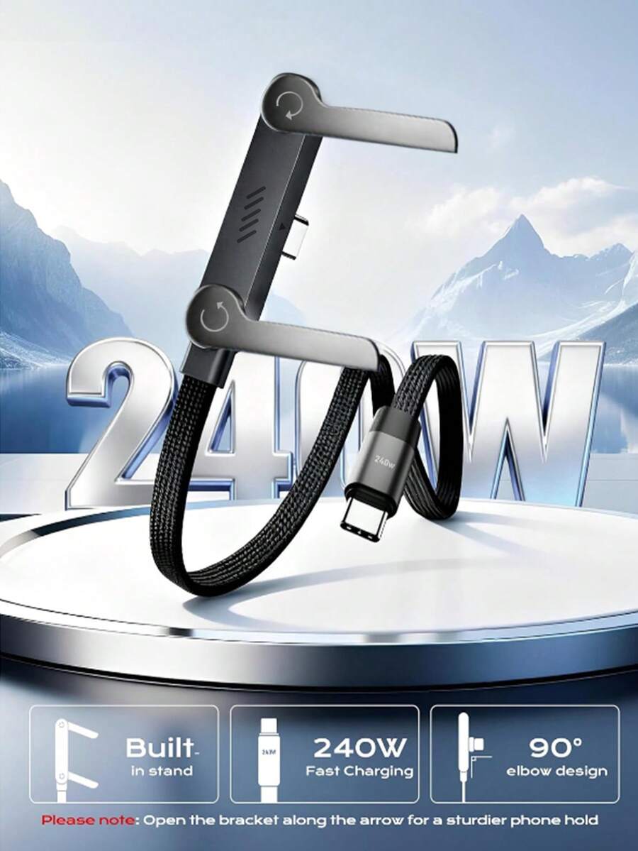 New Foldable Phone Stand With Charging Cable, 90° Angled Design For Charging And Watching Videos, Compatible With Android Phones And 15-17, Braided Cable Durable - Black - View 1