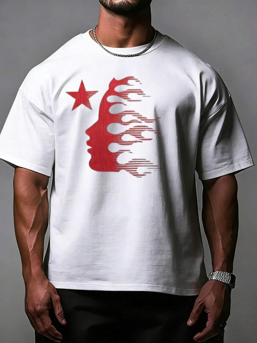 Hellstars Red Flame Head Star Y2K Graphic T-Shirt,220g 100% Cotton,Round Neck Short Sleeve,White Streetwear Essential For Summer Going Out,Unisex Style - 白色 - 查看 1