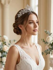 1 pieza Tiara nupcial decorada con cristales Rhinestone, corona de boda elegante plateada para mujeres, accesorio para el cabello para fiesta de graduación, Tiara de boda con cristales brillantes, corona nupcial plateada ligera con accesorios para el cabello con Rhinestone para mujeres y niñas, para fiestas, verano, playa - Plateado - Ver 5