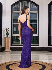 LOVE&LEMONADE Romantic Party Maxi Dress, Sleeveless Spaghetti Strap Sequins With Beaded Backless Design, Ideal For Prom And Formal Occasions - Dark Purple - View 6