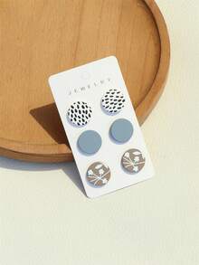 3 Pairs Polka Dot & Leaf Print Acrylic Earrings, Cute Round Earrings With Ceramic Texture For Girls - Multicolor - View 2