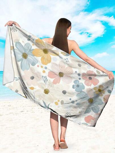 柔和淡雅的花卉图案沙滩巾，超细纤维速干浴巾，防沙防粘，营造田园风情，成人沙滩摄影必备，多功能沙滩垫，适用于泳池和旅行