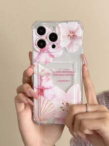 Pink Lotus Healing Style Phone Case With Card Slot, Compatible With IPhone 11/17/17pro/13/14/15/15pro/15 Plus/15 Promax/16/16pro/16plus/16promax/7plus/8plus/X/Xs Max/Xr/17Air/12pro/13pro/14pro/17Promax/13mini/11promax/12promax/13promax/14promax/14plus/6/6s/6plus/7/8/Se/17proMax Transparent Card Holder Protective Cover - Multicolor - View 3