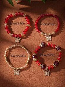 4pcs Bohemian Style Multi-Layer Butterfly Crystal Beaded Bracelet, Suitable For Women Daily Wear And Gift - Red - View 3