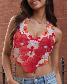 Women Floral Sheer Halter Top Sleeveless Tie Backless Camisole Sexy See Through Flower Embroidered Tank Tops - 玫紅色 - 查看 2