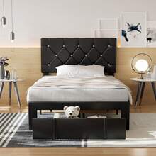 VECELO Modern Faux Leather Double Bed Frame With Storage Drawers, Adjustable Headboard, Tufted Platform Upholstered Bed - Black - View 10