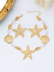 Set Kalung & Anting Liontin Bintang Laut, Mutiara, Kerang, dan Kepiting Gaya Laut 3pcs/Set, Cocok untuk Pakaian Sehari-hari & Liburan Wanita - Yellow Gold - View 5