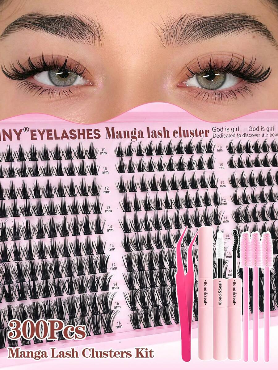 Eimny 300 Pcs Manga Lash Clusters Kit With Bond And Seal & Tweezers And Lash Brush, Wispy Fairy Fluffy Eyelash Extensions, CC Curve 10-16mm Individual Lashes For DIY Cat/Doll Eye, Beginner-Friendly Anime Look For Daily & Party Wear - 彩色 - 查看 1
