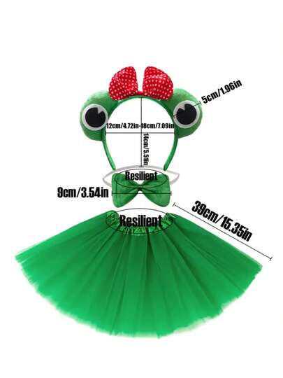 3件套可爱青蛙主题服装，包括1个青蛙头箍、1个领结和1条薄纱裙，适合万圣节派对和节日表演。